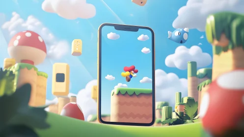 Vibrant 3D Cartoon Game World Emerging from Smartphone Screen.