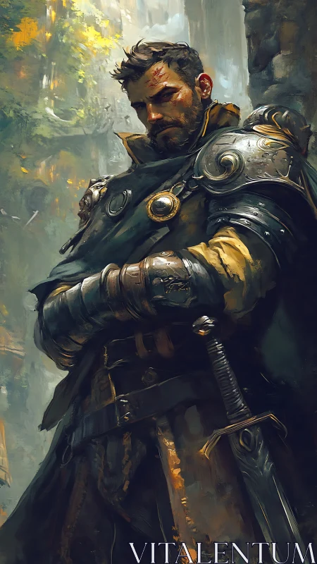 Battle-scarred knight stands in gilded weathered armor.