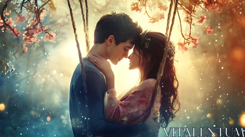 Couple embracing on swing with flowering vines in warm golden light