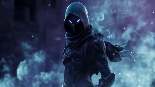 Hooded spectral warrior with glowing eyes in blue mist.