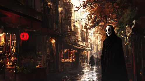 Masked figure dominates moody autumn alley in cinematic chiaroscuro