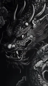 Monochrome dragon profile with carved smoke and scales.