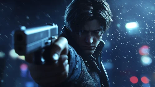 Stoic night guardian aiming forward in shimmering city rain.