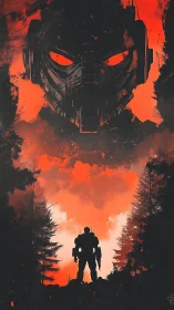 Mech soldier silhouette under ominous mechanized skull horizon.