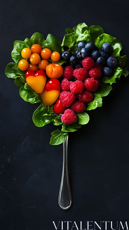 Heart-shaped salad composition on spoon with berries.