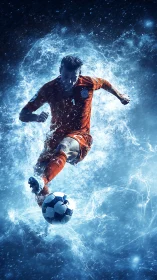 Dynamic soccer striker kicks ball through explosive water vortex.
