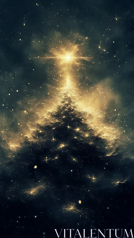 Stellar tree silhouette glows under radiant cosmic halo.