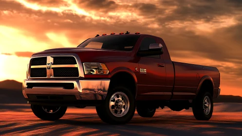 Red pickup truck dominates desert highway at sunset glow.