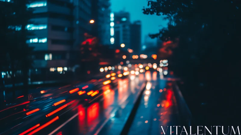 Long exposure urban traffic streaks on wet city avenue at dusk