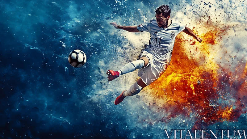 Dynamic football volley amid contrasting fire and water blast