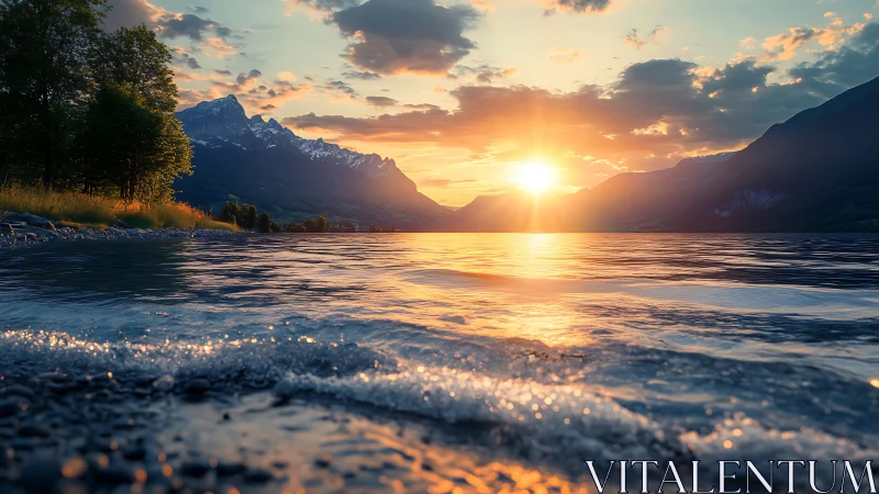 Sunset over mountain lake with glowing shoreline ripples.
