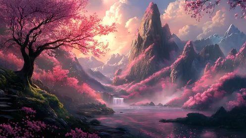 Luminescent cherry blossom valley surrounding misted peaks.