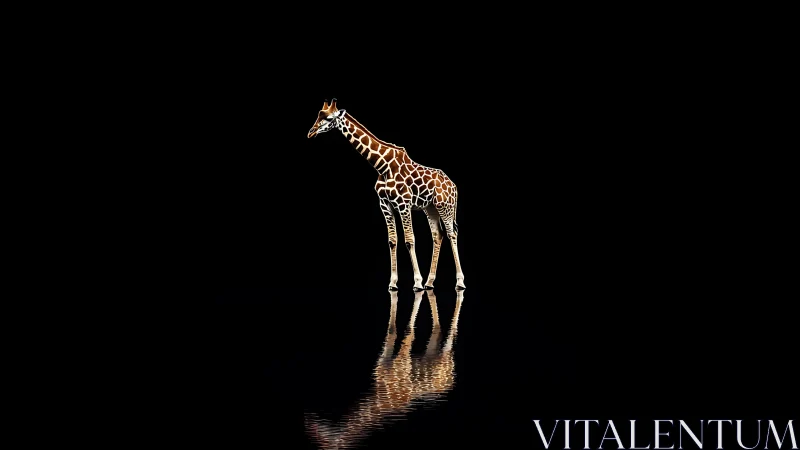 Isolated giraffe with specular water reflection on pure black field