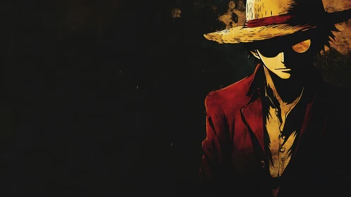 Straw hat anime character stands in dark textured background