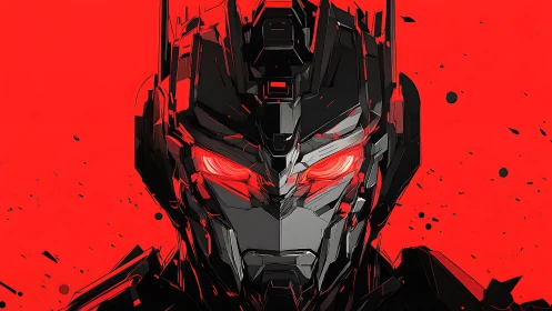 Cybernetic mech portrait rendered in high-contrast red vector