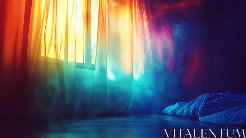 Diffuse spectral light penetrating sheer curtains in dim bedroom