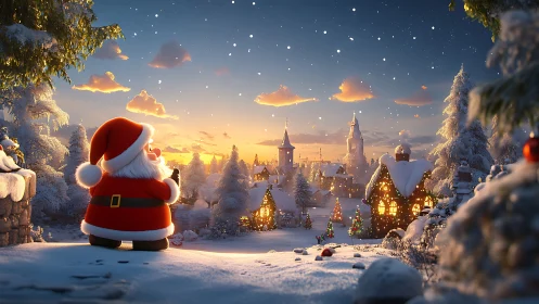 Santa watching snowy Christmas village at sunset scene.