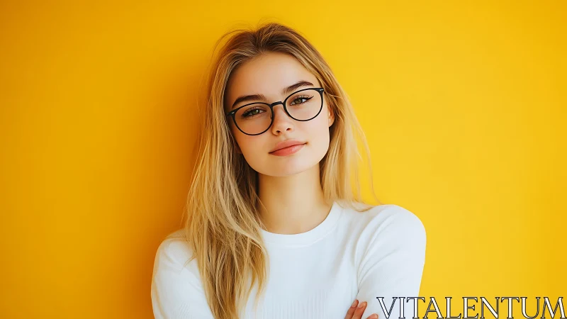 Confident young woman with glasses against bright yellow background.