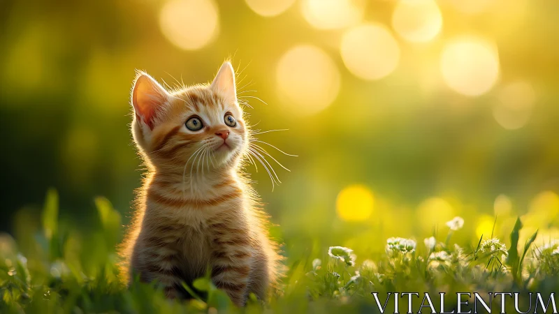 Ginger tabby kitten displays luminous soft-focus portraiture against bokeh background.
