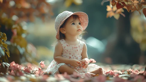 Toddler in Floral Dress with Straw Hat, Autumn Garden Setting.