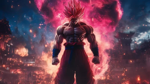 Fiery anime warrior stands defiant amid a burning city