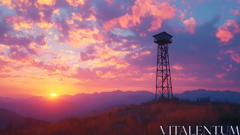 Sunset-illuminated fire lookout tower over layered mountain ridges