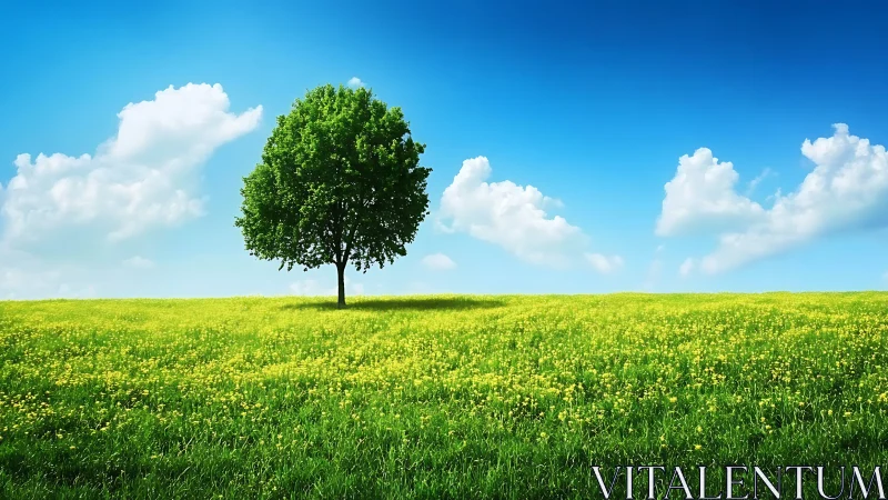 Solitary deciduous tree on sunlit meadow under deep blue sky