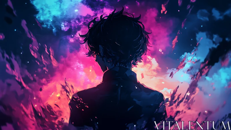 Silhouetted figure before exploding neon cosmic skyscape.