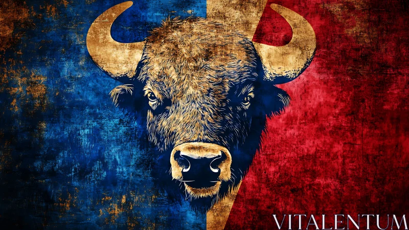 Bison of divided skies, staring down blue and crimson worlds.