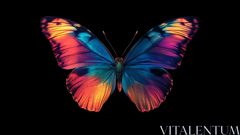 Radiant neon butterfly on deep black digital backdrop.