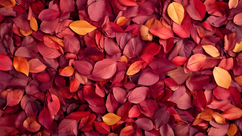 Cozy carpet of crimson autumn leaves in warm sunset hues.