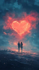 Luminous Heart Above Silhouetted Figures Against Ethereal Sky.