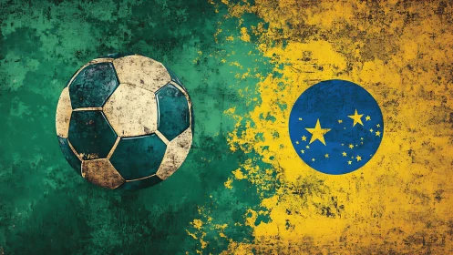 Weathered green soccer ball and distressed flag art.