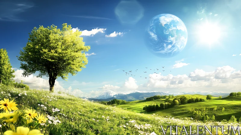 Luminous spring hillside with celestial earth motif landscape.