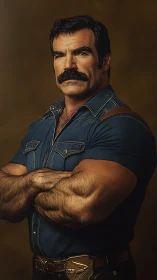 Muscular man in denim shirt poses against neutral backdrop