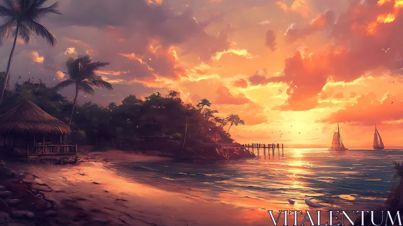 Sunlit tropical shoreline renders vivid painterly sunset atmosphere