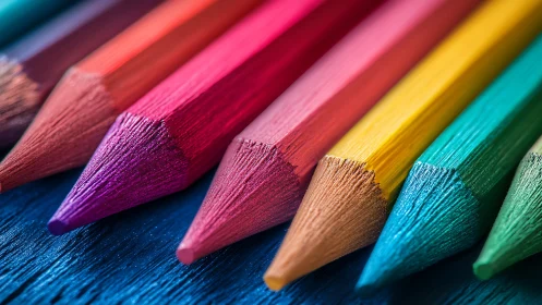 Macro study of sharpened colored pencils on textured wood.