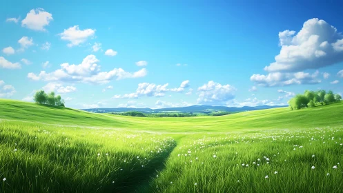 Whispering meadow rolls toward distant blue hills in sunlight