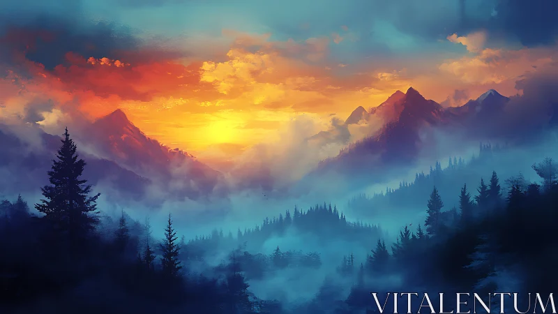 Radiant mountain sunrise bathes misty forested peaks in light.