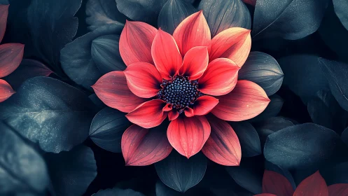 Coral Bloom Against Deep Navy Foliage: Macro Floral Study.