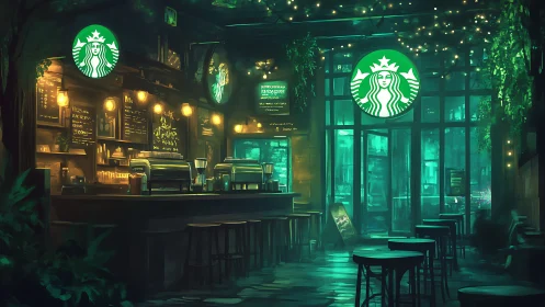 Nocturnal urban café interior with biophilic lighting design.