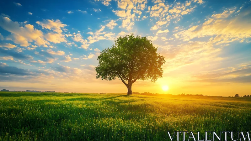 Solitary tree stands in green field under vivid sunrise sky