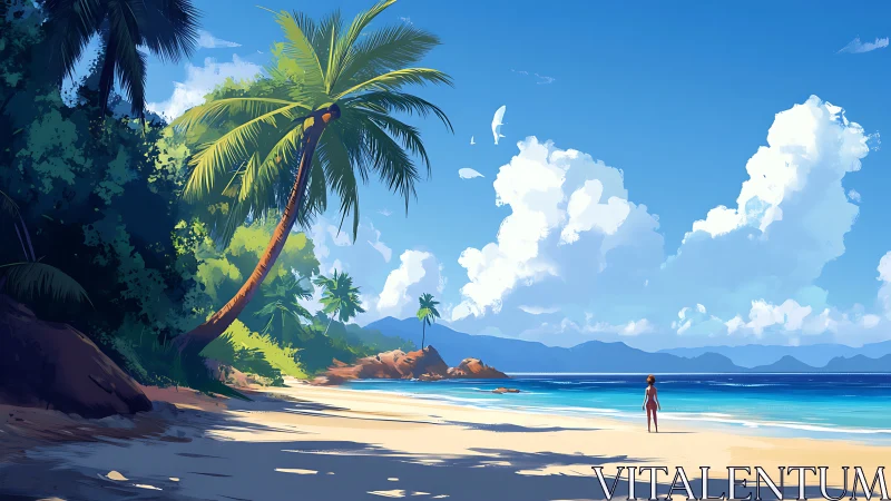 Tropical Beach Landscape with Solitary Figure and Palm.