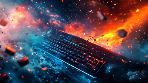 Illuminated keyboard in fragmented nebula-like environment.