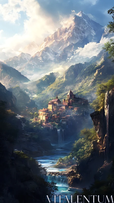 Mountain village glows beneath towering snow peak at dawn.