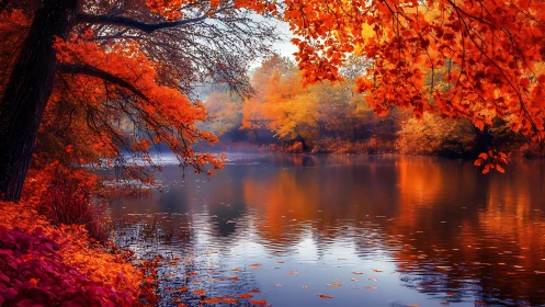 Autumn foliage reflected on calm forest lake surface.