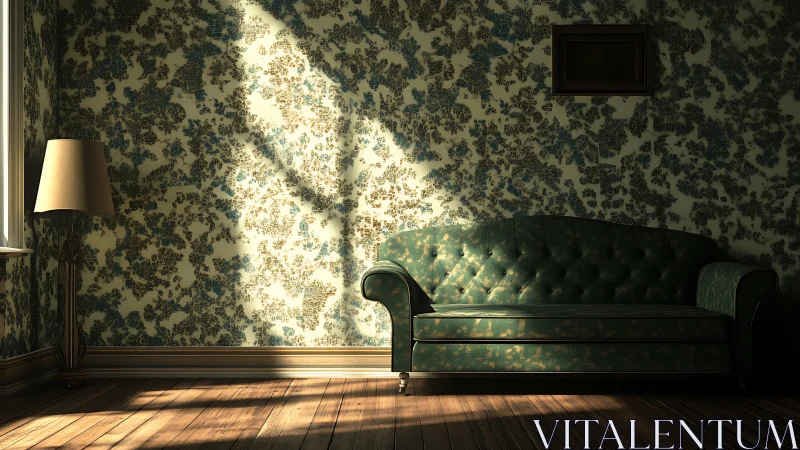 Sunlit patterned living room wall with green sofa and lamp