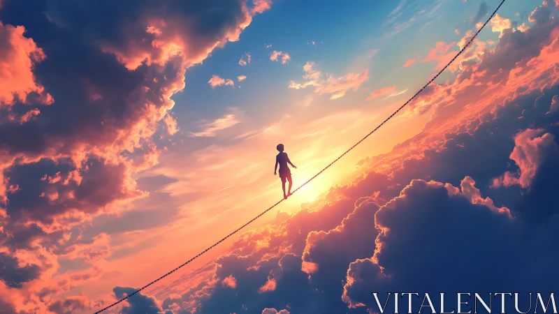 Sunset tightrope dreamscape with a lone sky wanderer.