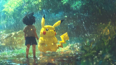 Child and yellow creature stand in forest clearing under rain