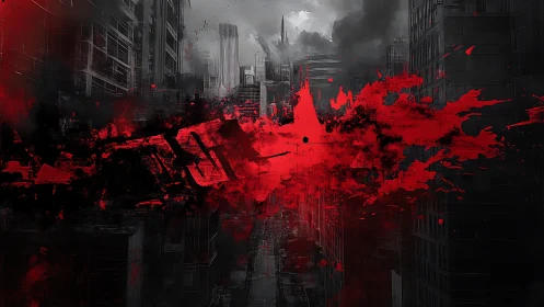Crimson energy streak tears through a brooding dark cityscape